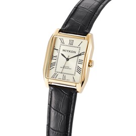 Miykon Vintage Watches for Men - Tank Square Gold Analog Watch with Black Genuine Leather Wrist Strap for Classic Dress - Japanese Quartz, Waterproof to 100ft