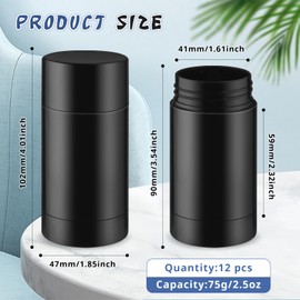 BOSMIOW 12Pcs 75g/2.5oz Empty Black Plastic Deodorant Containers,Twist-up Body Moisturizer Stick Storage Bottle,Bottom-fill Cosmetic Tubes for Solid Perfume,Lotion Bar,Chapstick,Heel Balm
