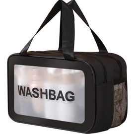 Travel Toiletry Bag,Large Clear Makeup Bag,Cosmetics Bag,Transparent Skin Care Bag for Toiletries,Waterproof & Draining Make up Bags,PVC Toiletry Organizer Thickened Wash Bag for Women Men (Black)