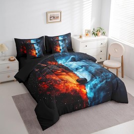 Wolf Ice Fire 7 Pieces Bedding Set King Bed in a Bag,Wildlife Galaxy Exotic Wolf Comforter Set,Shining Sky Mystery Universe Soft Warm Microfiber Bedding for Boys Men Bedroom Decor Super Soft