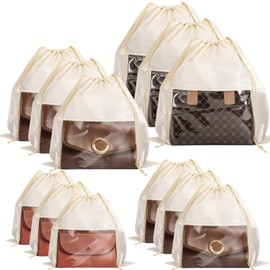 Bgtecho 12 Pcs Shoe Bags for Travel, Dust Bags for Handbags, Dustproof Drawstring Bags in 4 Size, Breathable Non Woven Fabric Storage Bag for Handbags Shoes Purses, Beige