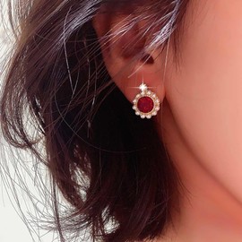 TseenYi Vintage Black Velvet Pearl Earrings Gold Pearl Round Filigree Earrings Bridal Pearl Beadeds Stud Earrings Black Circle Velvet Earrings Tiny Pearl Wedding Earrings Jewellery for Women