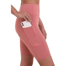 TCA Women's Equilibrium Yoga Workout Athletic Gym Running High Waisted Short with Phone Pocket - Dusty Rose, S