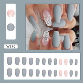 Short Press on Nails Coffin Gray Blue Full Cover Fake Nails Press ons Pink Gradient Acrylic Nails Lines Silver Sequins Glue on Nails Glossy False Nails Artificial Stick on Nails for Women 24Pcs