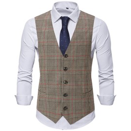 [ByFshow] Gilet Vest, Men's, Stylish, V-Neck, Business, Checked, Formal, Solid, Slim, Men's Suit, Vest, Gentleman, 5 Bonds, Buckle Included, Casual, Wedding, Large Size, Khaki