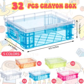 Suzile 32 Pcs Plastic Crayon Box with Snap Lids Bulk Stackable Crayon Storage Box Pen Pencil Container for Organizer Craft School Classroom Office Supply (Clear, Red, Blue, Green, Orange)