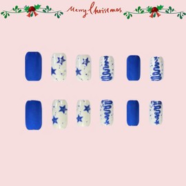 IMSOHOT Christmas Press on Nails Short Square Blue Fake Nails Cute Glitter Christmas Tree and Star Designs Full Cover Glue on Nails Glossy Acrylic False Nails for Women and Girls 24Pcs