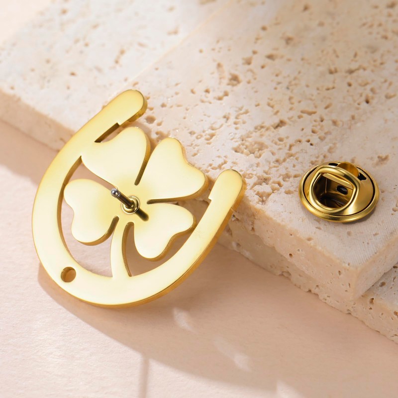 Amaxer Lucky Horseshoe Irish Four Leaf Clover Brooch Stainless Steel
