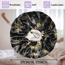 Deokke Luxury Shower Cap Silk Satin Lined Waterproof Reusable Adjustable Elastic Dry Hair Bathing Caps Cute for Women Girls-Sun Moon