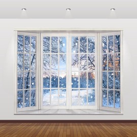 Winter Wonderland Backdrop 10x8ft Christmas Window Forest Snowflake Snow Photography Background Christmas Xmas Holiday Party Decorations Banner Photo Booth Props