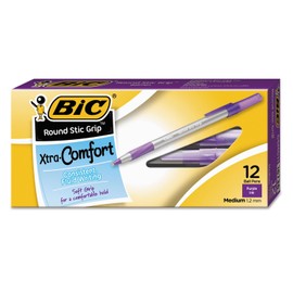 BIC Round Stic Grip Xtra Comfort Ballpoint Pen, Medium Point (1.2mm), Purple Ink - GSMG11PE (Pack of 12)