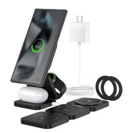 KUXIU Galaxy Watch Wireless Charger, 3 in 1 Charging, Foldable, Charging Stand for Galaxy S24, Ultra S23, S22, Note 20, Z Fold 6, 5, Galaxy Watch Ultra 7, 6, 5, Galaxy Buds, Black