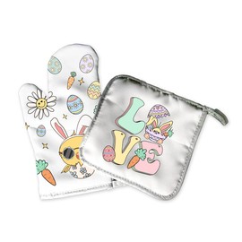 Spring Decorative Kitchen Hot Plate Pot Holder Oven Mitt Set | Retro Chic Luxe Easter Bunny Rabbit With Eggs and Carrot| Cute Decoration White Home Decor Holiday | Gift Present