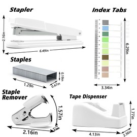 sportsvoutdoors White Desk Accessories, Modern Minimalist Office Supplies Set, Large Stapler, Tape Dispenser, Scissors, Paper Clips, Tabs with Ruler