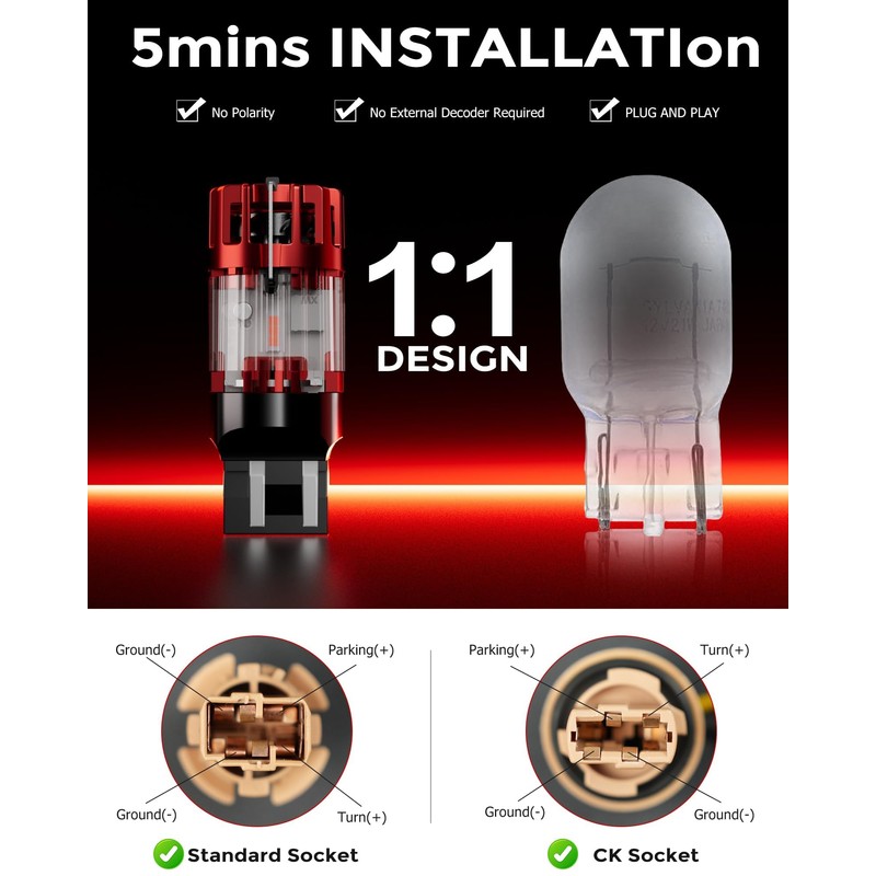 7443 W21/5W Red LED Brake Tail Light Bulbs, No Hyper