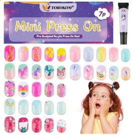 TOROKOM 168 Pieces Press on Nails for Kids, 7 Pack Kid Fake Nail Kit Candy Butterfly Press on Nails for Girls 6-12 Years with Nail Glue
