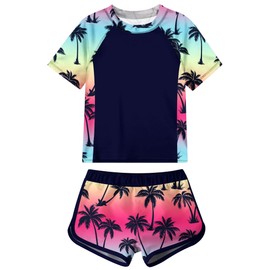 Idgreatim Girls Rash Guard Swimsuit Size 10 11 80s 90s Tropical Bathing Suit Short Sleeve Tow Piece Coconut Tree Graphic Swimming Clothes