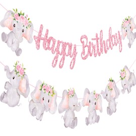 Pink Elephant Happy Birthday Banners - Baby Shower Decoration for Girl Themed Party - Cutout Jungle Party Supplies