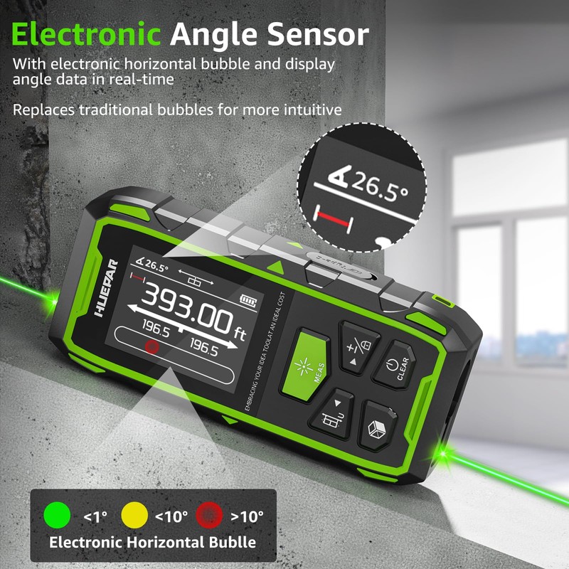 Huepar Dual Laser Measuring Tool, 393Ft Green-Beam Bilateral Digital Laser