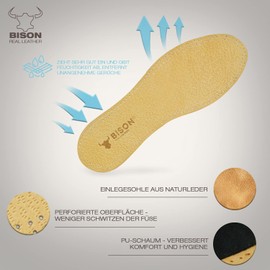 BISON - Leder Schuheinlagen Schuhe - Schweißfüße und Fußschmerzen - Leather Shoe Insoles - Geruchsabsorber Sohlen für Damen und Herren Schuh (3 Paare, 38)