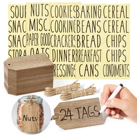 Talented Kitchen 24 Pack Natural Wooden Hanging Tags, 4.33x2.5 Inches, Includes 40 Black Preprinted Labels, String, Hanging Labels for Kitchen and Pantry Storage Organization