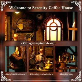 Kangomelon DIY Book Nook Kit Wooden Bookshelf Miniature Serenity Coffee House Kit 3D Wooden Puzzles Bookends Miniature House Kit Book Nook Bookshelf Insert Decor with LED Lights Wood Crafts for Adults