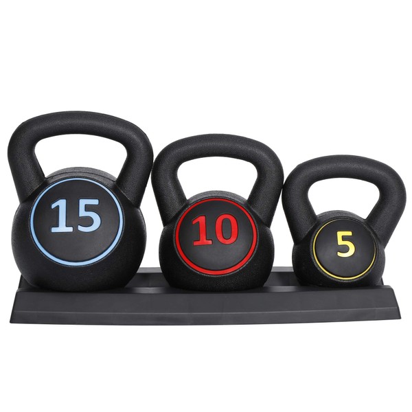 Smartxchoices 3-Piece Kettlebell Set with Storage Rack for Cross Training, MMA Training, Home Gym Exercise Fitness Concrete Weights 5lb, 10lb, 15lb