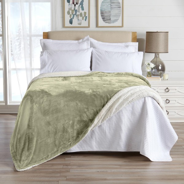 Sherpa Fleece and Velvet Plush King Throw Blanket Loden Green,