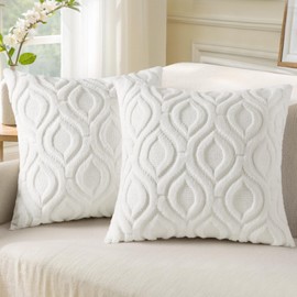 decorUhome Set of 2 Faux Fur Cushion Covers 65x65 cm, Decorative Soft Plush Fluffy Velvet Cushion Cover 26X26 Inch, Square Boho Neutral Pillow case for Sofa, Cream White