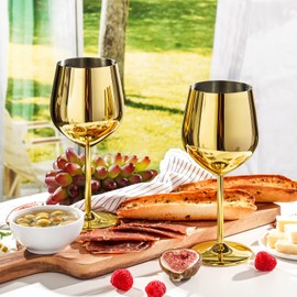 WOTOR Gold Wine Glasses Set of 4, 18oz Unbreakable Gold Goblet, Stainless Steel Wine Glass, Metal Wine Glass for Outdoor, Travel, Camping, Pool, Ideal Gift for Wine Lovers