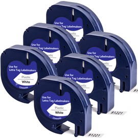 6 x Yuanqimm Label Tape Compatible with Dymo Letratag Plastic White 12 mm x 4 m Label Tape Waterproof 91221 S0721660 Tapes for Dymo Letatag LT-100H Labelling Device 100T 110T XM XR QX50 2000 200B