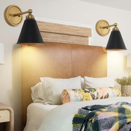 HEQIQEH Set of 2 Modern Battery Operated Wall Sconces, Vintage Black and Gold Wall Lights Fixture with Remote Control, Dimmable Cordless Indoor Wall Lamps for Bedside, Living Room, Kitchen, Stairs