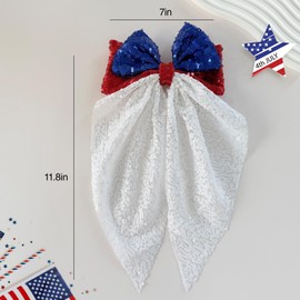 4th of July Sequin Hair Bows for Women, Patriotic Red White Blue Long Tail Bow Barrettes, Oversized Sparkly Hair Clips for Independence Day, Parades & Parties, USA 250 Celebration Accessories