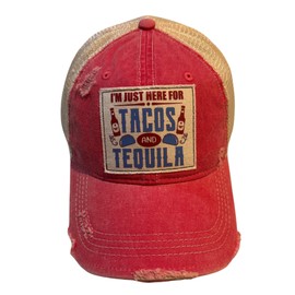 Popfizzy Tacos and Tequila Hat for Men and Women, Vintage Trucker Hat, Adult Humor Caps, Funny Tequila Gift for Adults (Red)