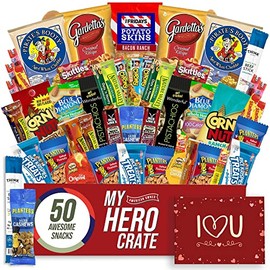 Military Valentine's Day Men's Hearty Snack Box ( 50 Piece Variety Gift Basket Care Package ) Jerky, Nuts, Chips, Pretzels, Variety Pack - My Hero Crate