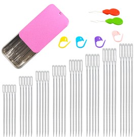 40PCS Large Eye Sewing Needles, 8 Sizes Hand Sewing Sharp Needles, Embroidery Needle, Leather Needle,Stainless Steel Yarn Needles with Threaders & Stitch Markers (Rosy Purple)