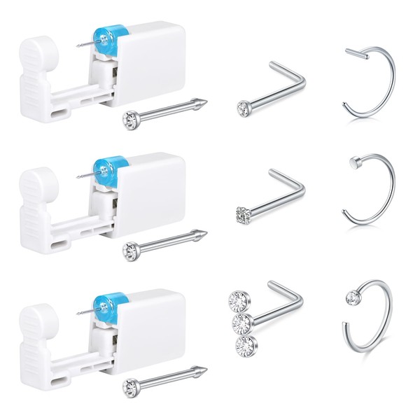 AceFun Pack of 9 Nose Piercing Gun Kit, Silver Gold