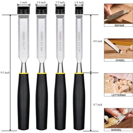 GREBSTK 9.5in Wood Chisel Set for Woodworking, 4pcs Chrome Vanadium Steel Bevel-Edge Bench Chisels with Cap, Comfortable Extra Large High Impact Handle
