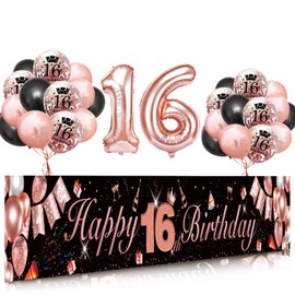 Sweet 16 Birthday Decorations,16th Birthday Decorations for Girls, Rose Gold 16th Happy Birthday Banner with Balloons, 16 year old Birthday Backdrop Yard Signs Sweet Sixteen Decor Supplies (9x1.2ft)