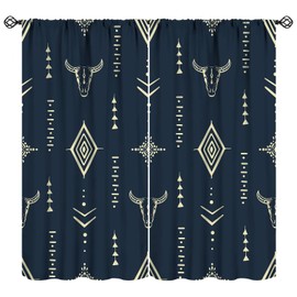 JADERYS Western Blackout Curtains Bull Skull Boho Aesthetic Aztec Navy Blue Abstract Art Bedroom Living Room Kitchen Rod Pocket Decoration Window Drapes 2 Panels W21xL63in