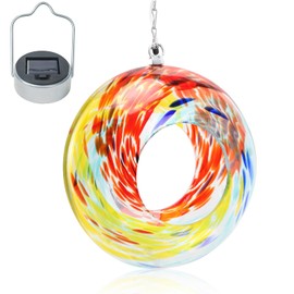 VCUTEKA Bird Feeder Solar Fly Through Bird Feeders for Outside Hanging with Round Shape Glass Container to Attract Wild Birds for Garden Decor, Solar Birdfeeder as Gift for Lovers, Red 8-Inch