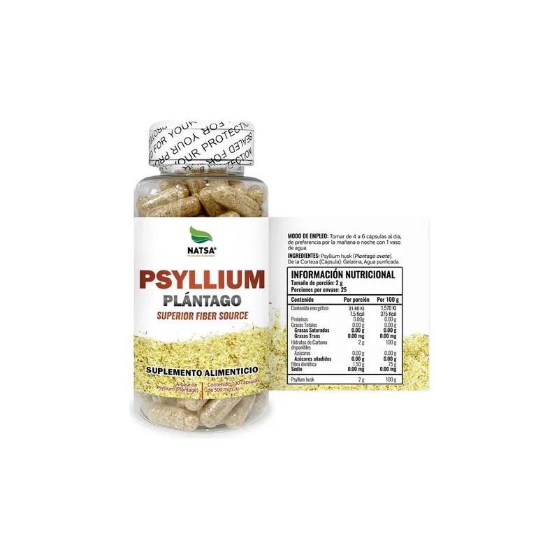 Psyllium Plantago Husk 100 Cápsulas, Calidad Premium
