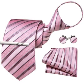 YOHOWA Pink Grey Clip on Tie with Tie Clip for Men Striped Zipper Tie Set Extra Long Pretied Necktie Pocket Square Business Wedding