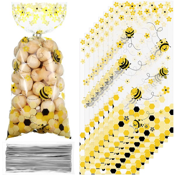 100 Pieces Bee Party Bags Treat Bags Yellow Honey Bee Cellophane Plastic Candy Bags Goodie Bags Bee Party Favor Bags with 100 Silver Twist Ties for Kid Bee Birthday Party Baby Shower Party Supplies