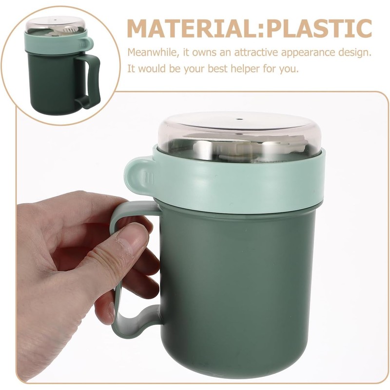 Taza de Desayuno Portátil con Tapa y Cuchara, Verde, Plástico