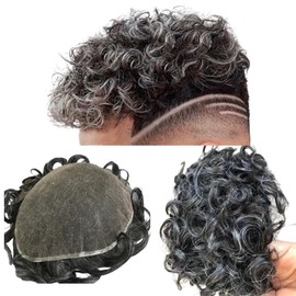 Toupee for Men Human Hairpiece Mens Toupee with Soft Fine Swiss Lace Hair Units Curly Wave Mens Wigs Toupee Human Replacement System 10" x 8" (#1B20 1B# OFF BLACK WITH 20% WHITE)