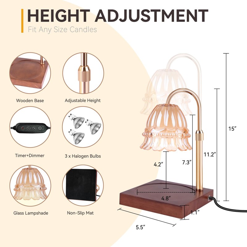 TOACSUCP Candle Warmer Lamp with 3 Bulbs, Adjustable Height Dimmable