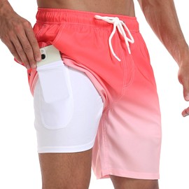 Houselog Mens Swim Trunks with Compression Liner 2 in 1 Swimming Shorts Stretch Trunks Quick Dry Beach Shorts Bathing Suit (CA/US, Alpha, X-Large, Regular, Regular, Pink)