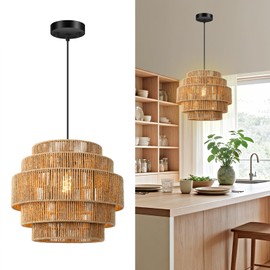 5-Tier Boho Rattan Chandelier Light Fixture, 13” Hand Woven Hemp Rope Pendant Light, Large Farmhouse Hanging Lamp for Dining Room, Kitchen Island, Bedroom, Living Room, Entryway, Foyer, Coastal Decor