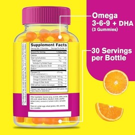 Omega 3 6 9 Gummies | with Flaxseed Oil and DHA | Vegetarian Omega 3 Fish Oil Alternative | GMO Free, Gluten Free, Orange & Lemon Flavor | Natural Sourced Colors and Flavors | 90 Count